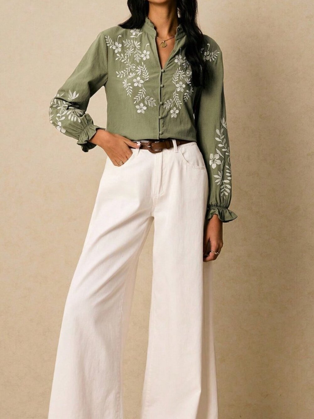 Green Boho Women's Elegant Floral Embroidered Ruffle Collar Button-Up Shirt